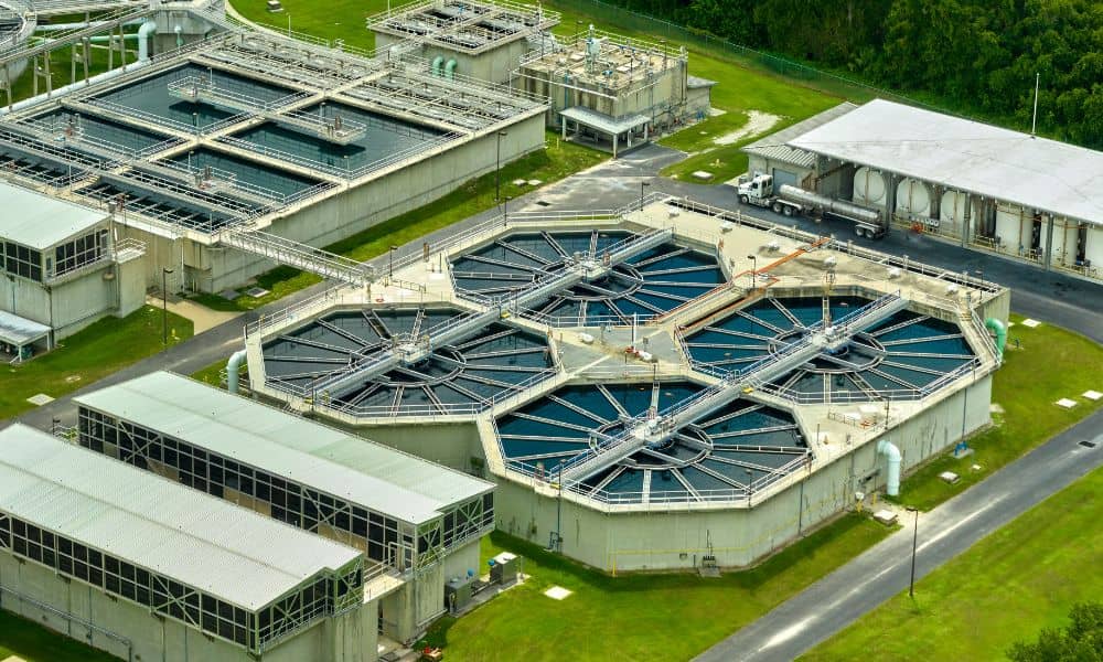 Aerial view of wastewater treatment plant infrastructure supporting sewer system improvements