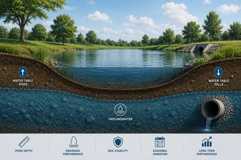 Cross-section illustration of a detention and retention pond showing groundwater levels, seasonal water table changes, pond drainage, and soil conditions