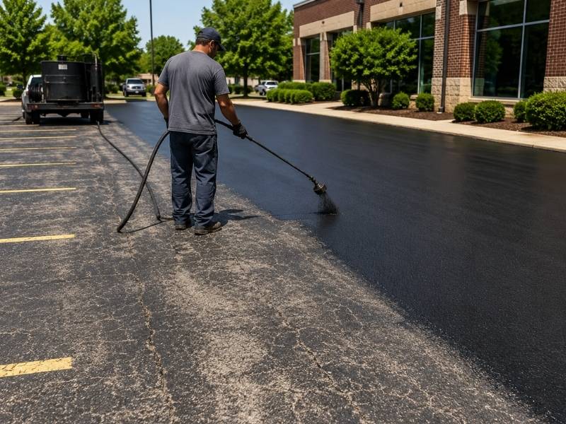 Contractor applying sealcoat to an asphalt parking lot to protect pavement and extend surface life