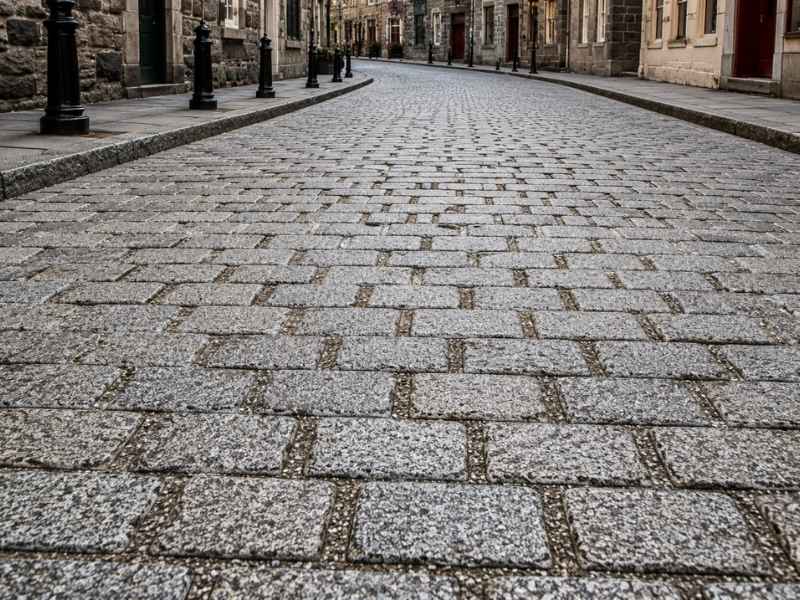  Sett paving made from rectangular quarried granite stones forming a durable historic street surface with uniform stone blocks.
