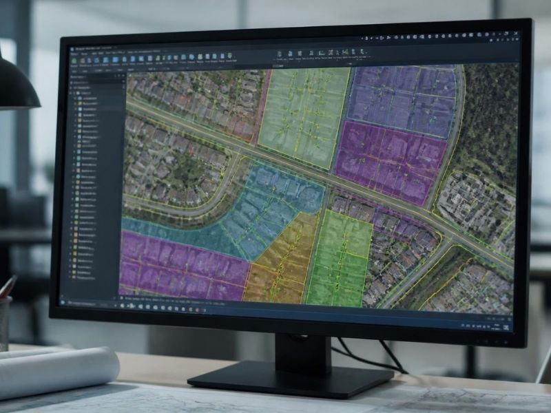 GIS software displaying shapefile layers, parcel boundaries, roads, and mapped properties in McKinney, Texas.